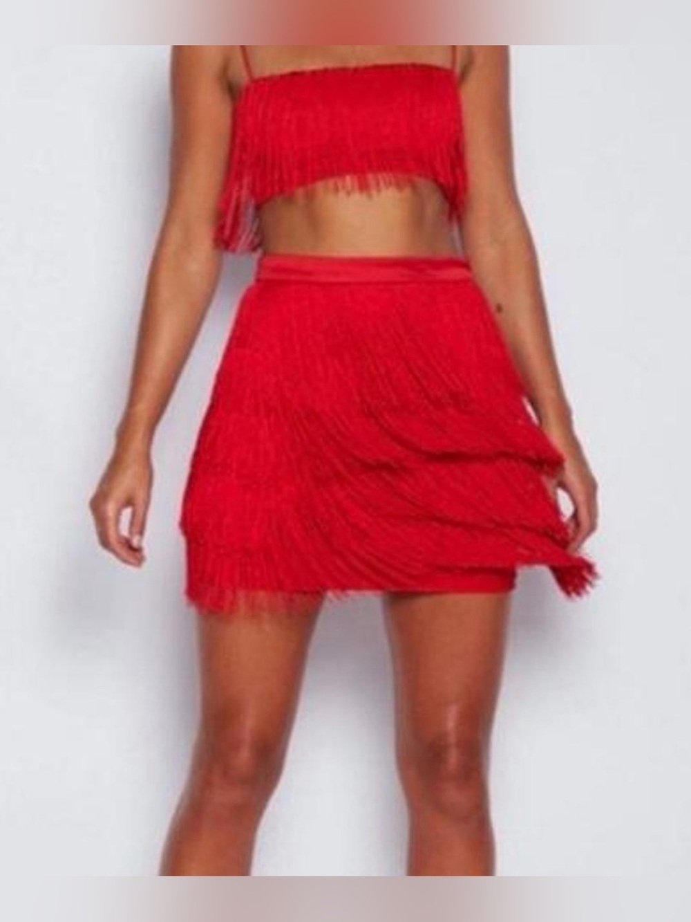 Meshki Red Tiered Fringe Mini Skirt